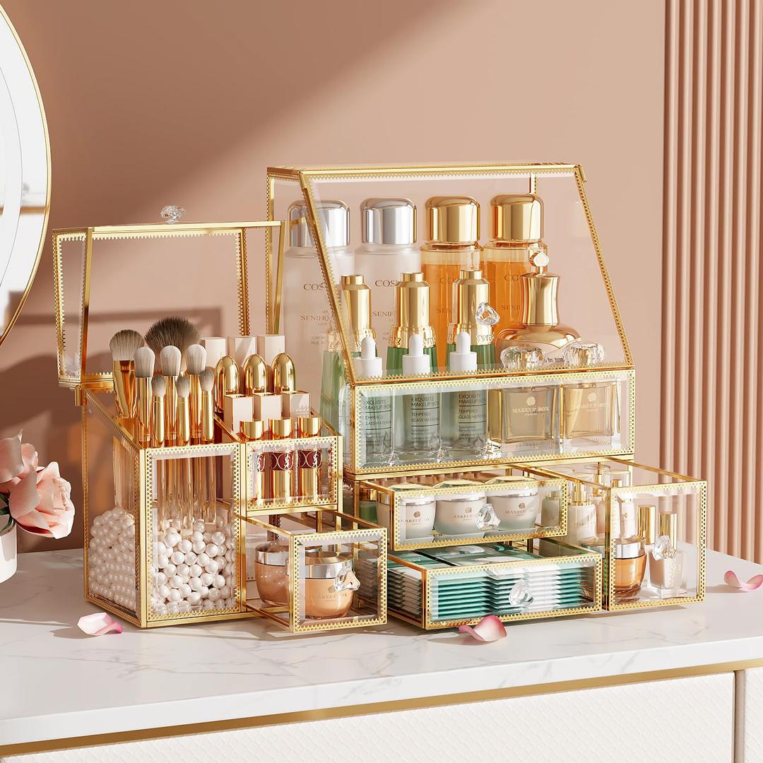 CoralHouse Clear Makeup Organizer with Gold Frame Countertop Vanity Organizer for Skincare, Lipsticks, Perfume & Brushes Bathroom Cosmetic Storage Display Box