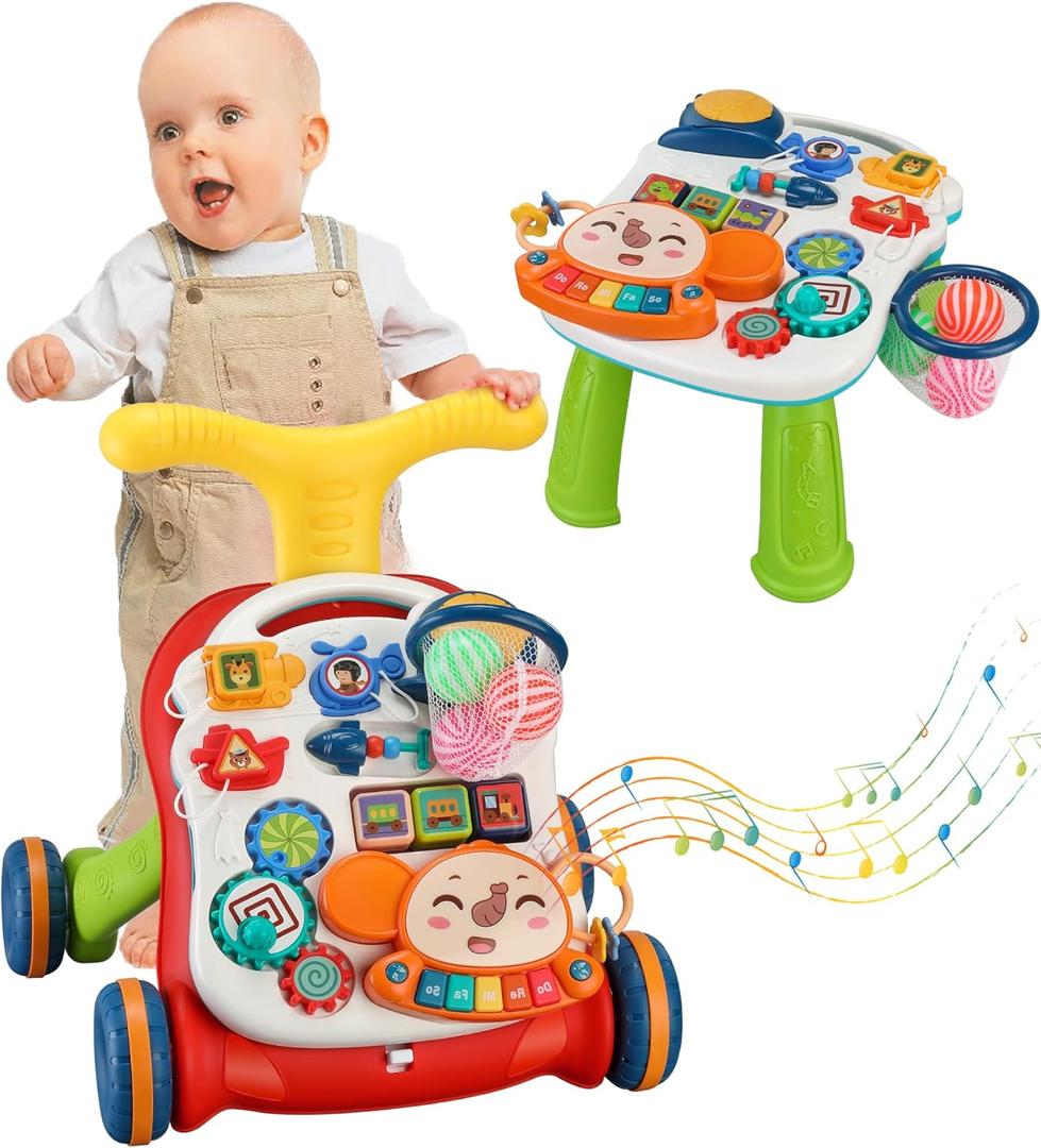 Baby Push Walker 3 in 1 Sit-to-Stand Learning Walker with Wheels KidsMultiple Educational Activity Center Music Learning Toy Gift for Infant Boys Girls (Green)