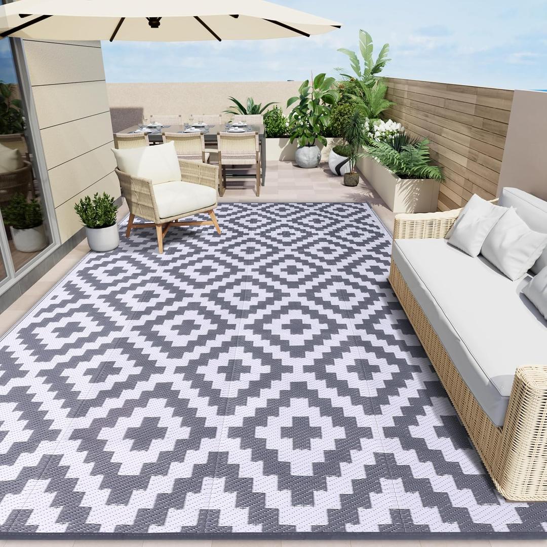 OLANLY Waterproof Outdoor Rug 10x14 ft, Outdoor Plastic Straw Rug for Camping, RV Mat Outside, Outdoor Carpet for Porch, Deck, Backyard, Balcony, Picnic, Grey & White