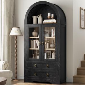 Kitchen Pantry Cabinet, Arched Bookshelf Bookcase China Pantry Storage Cabinet with Drawers Doors and Shelves,71“ Tall Food Pantry Funiture for Living Room,Dining Room (Black)