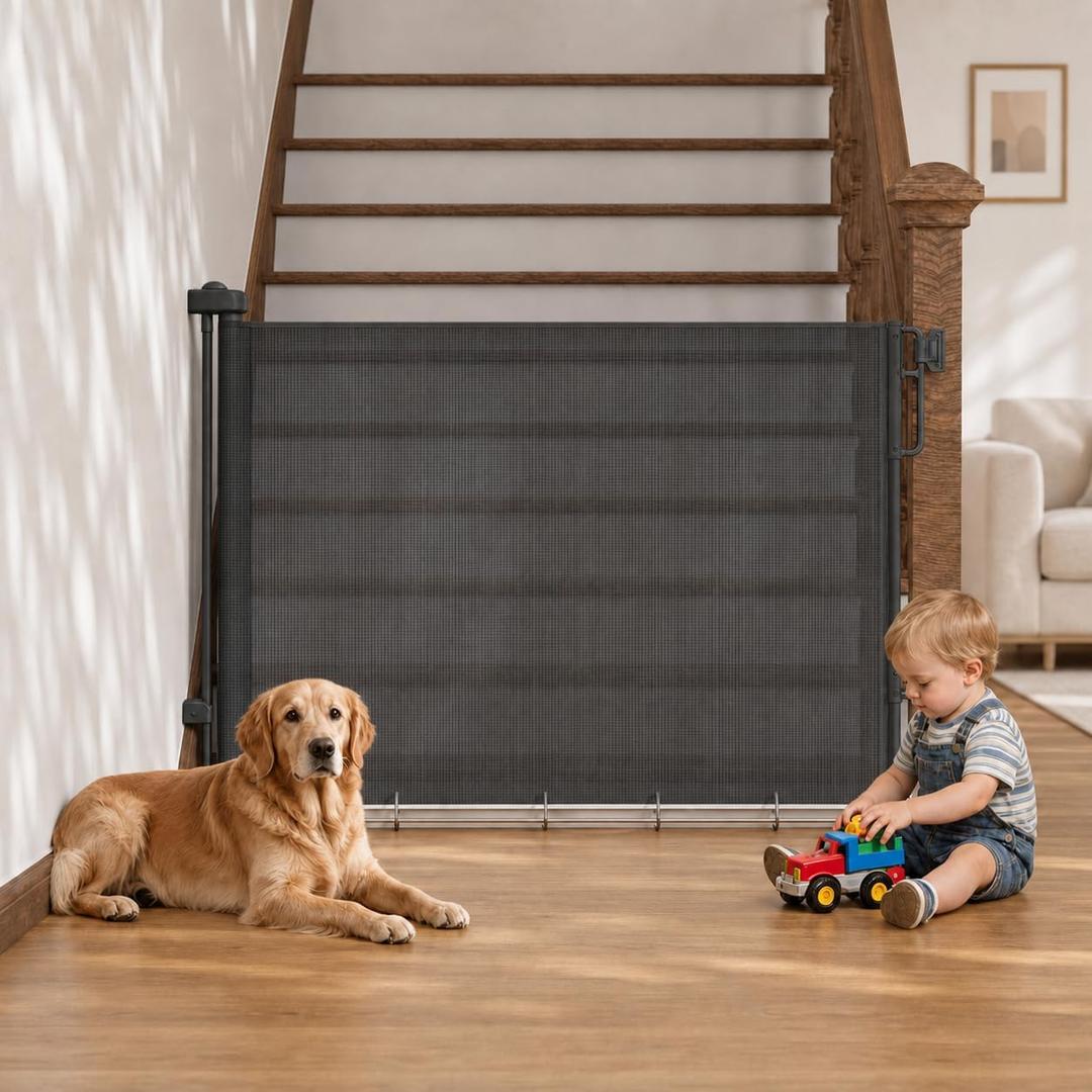 Cumbor 37-55" Retractable Baby Gates for Stairs & Doorways, Black
Hardware Mounted Mesh Dog & Pet Gate, Easy Walk Through, One-Hand Operation, Anti-Crawl Adjustable Safety Gate for Dog, Black