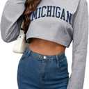 Women Long Sleeve Cropped Sweatshirt Oversized Crew Neck Workout Tops Grey Michigan X-Large (Gray, XL)