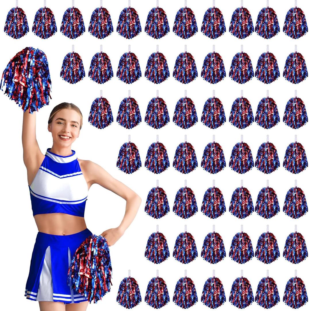 60 Pcs Cheerleading Pom Poms Cheering Pompoms Bulk Cheer Metallic Foil Pom with Baton Handle Plastic Poms Squad for Game Team Spirit Sports Dancing Basketball Club (Red, Blue)