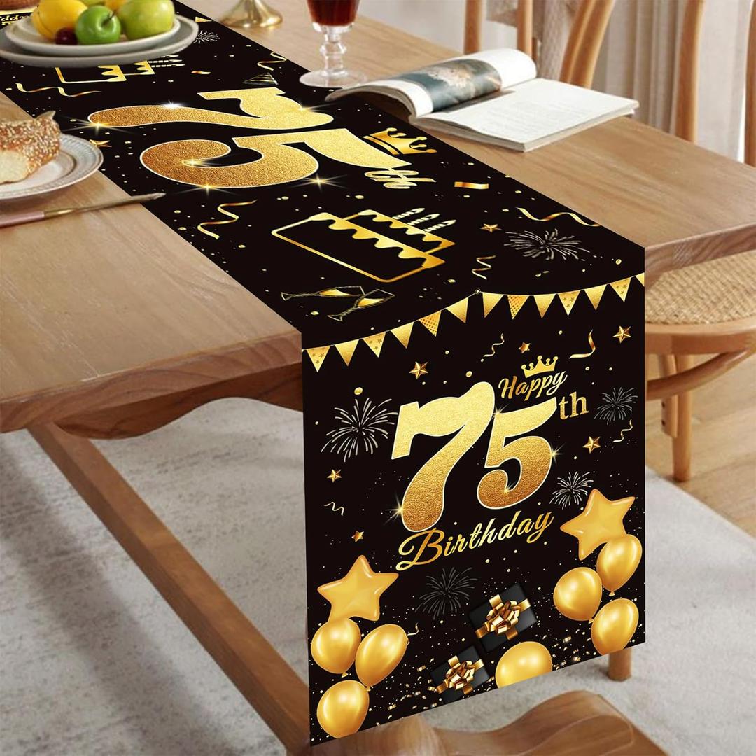Happy 75th Birthday Table Runner Black Gold 72 Inch Long Celebrate 75th Birthday Table Runner for 75 Years Old Men Women Anniversary Party Decor Non-Slip Dining Table Linen Cloth Decorations
