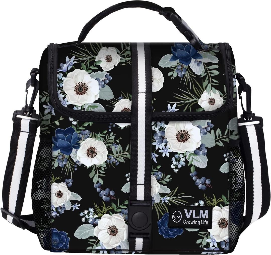 VLM Lunch Box for Women, Insulated Lunch Bag Women with Adjustable Shoulder Strap, Cute Lunch Tote Bag for Work,Picnic,Camping (Medium, Blue and White Floral)