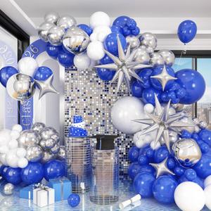 HILAVO Blue White Silver Balloon Arch Kit with Explosion Star 4D Silver Foil Balloons Royal Blue Metallic Silver White Balloon Garland for Blue 2026 Graduation Decoration Birthday Baby Shower Party
