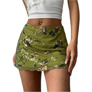 MakeMeChic Women's Sequin Mini Skirt Summer Floral Mesh Skirt Green X-Small