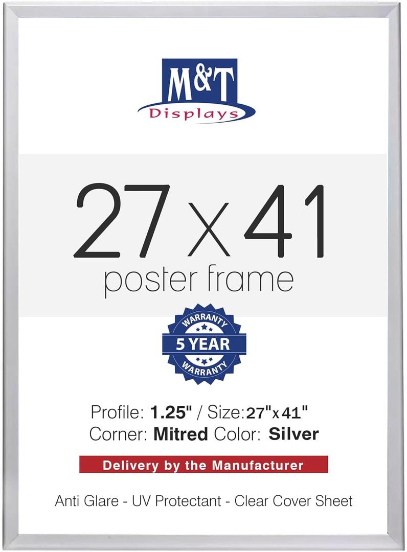 M&T Displays Snap Poster Frame Silver 1.25" Aluminum Profile Front Loading Wall Mounting Photo Picture Document Certificate Sign Holder Mitered Corner Anti Glare Cover (Silver, 27x41 in)