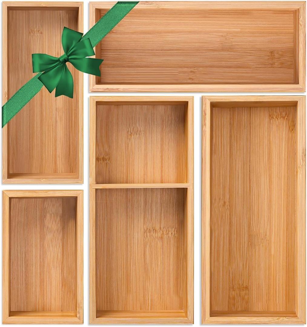 Bamboo Drawer Organizer 5 Pcs for Kitchen Multi-purpose Storage Dividers for Kitchen, Office, Jewelry, Cosmetics, Wooden Drawer Dividers for Drawer Organizer Desk Organizer Gift for Women Gifts Idea