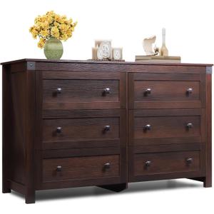 WLIVE Cmoda de madera de granja con 6 cajones para dormitorio, cmoda de madera de 53.07 pulgadas de ancho, organizador de almacenamiento con doble asa rstica, soporte de TV para TV de 60 pulgadas (Marrn)