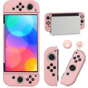 Switch OLED Case for Nintendo Switch OLED Model, Dockable Cover Soft TPU Protector Case for Switch OLED Grips & Console and Accessories with 2 Pcs Thumb Caps, Pink