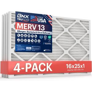 BNX TruFilter 16x25x1 Air Filter MERV 13 (4-Pack) - MADE IN USA - Electrostatic Pleated Air Conditioner HVAC AC Furnace Filters for Allergies, Pollen, Mold, Bacteria, Smoke, Allergen, MPR 1900 FPR 10