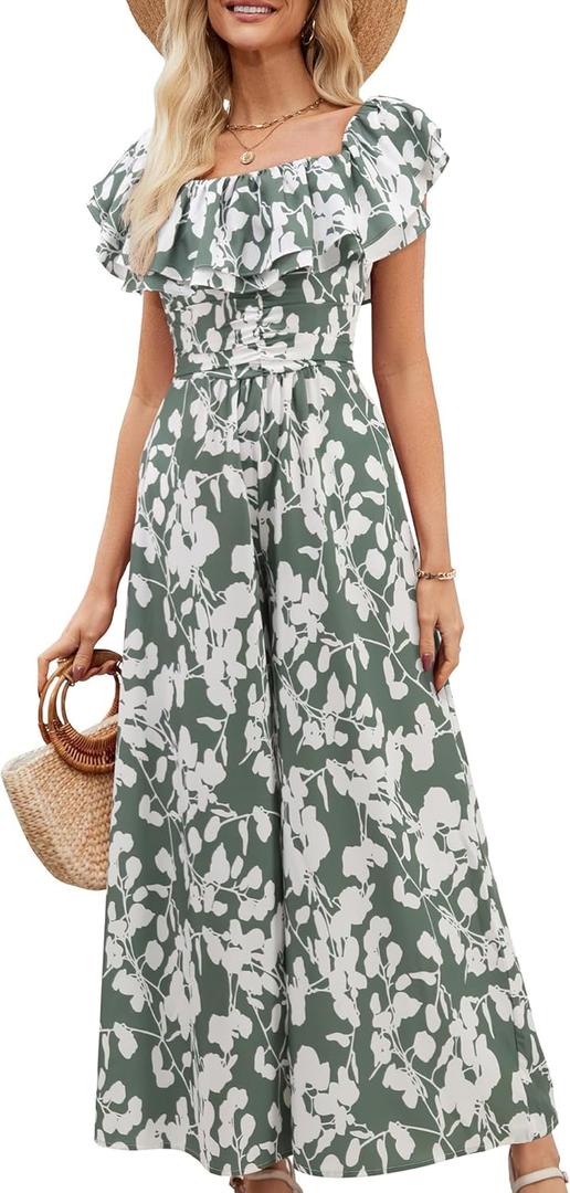 Gardenwed Women's Floral Wide Leg Jumpsuit, Ruffle Short Sleeve Square Neck Summer Casual Palazzo Romper with Pockets (Large)