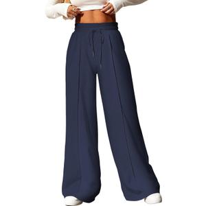 Aleumdr Women's High Waisted Drawstring Waist Wide Leg Sweatpants with Pockets Casual Loose Yoga Pants (Large, Blue)