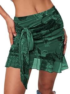 SEBOWEL Women Floral Mesh Mini Skirt Summer Ruffle Layered Sheer See Through Skirt Ruched Wrap Bodycon Sexy Short Skirts, Dark Green Flower, S SEBOWEL Women Floral Mesh Mini Skirt Summer Ruffle Layered Sheer See Through Skirt Ruched Wrap Bodycon Sexy Short Skirts, Dark Green Flower, S