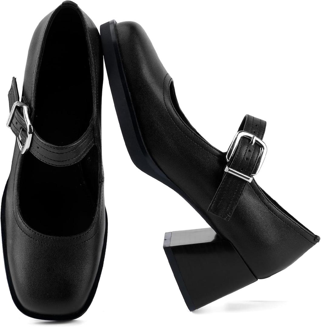 Mary Jane Heels for Women, Square Toe Pumps, Buckle Strap, Chunky Heel, 