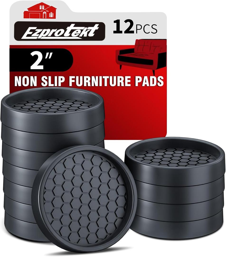 Ezprotekt Non Slip Furniture Pads, 12 Pcs 2" Anti Skid Rubber Furniture Caster Cups, Anti-Slip Furniture Coasters for Hardwood Floors, Anti-Slide Floor Protectors for Bed Couch Stoppers (Black)