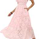 Caracilia Womens 2026 Spring Wedding Guest Maxi Dress Summer Boho Floral Short Sleeve V Neck Beach Vacation Tea Party Dresses (Pink, L)