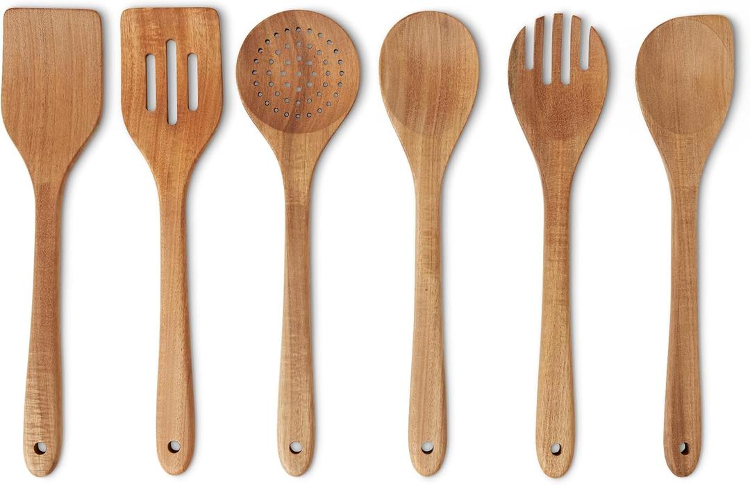 Amazon Basics Wooden Cooking Utensils, 6-Piece Set, Acacia Wood, Pre Oiled, Cookware-Safe, Ideal for Nonstick