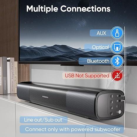 RIOWOIS Sound Bar for Smart TV, Bass Boost and Crisp Vocals,Bluetooth Soundbar for TV/PC/Gaming/Projectors,Optical/AUX/Wall Mount,17inch