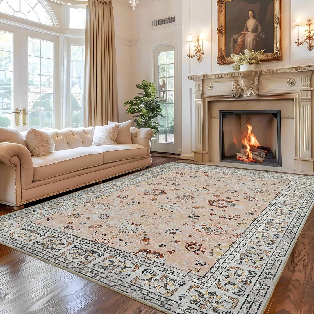 Andency Large 9x12 Washable Area Rug for Living Room Bedroom, Vintage Boho Pink Foldable Floral Carpet, Stain Resistant Non-Slip Rug, Printed Distressed Decor for Dining Room