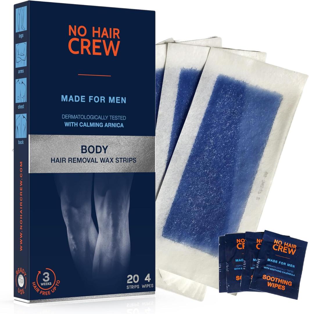 NO HAIR CREW Body Wax Strips High Performance Wax Strips Made for Men, 20 strips & 4 soothing cleansing wipes