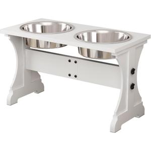 Piskyet Modern Farmhouse Dog Bowls Stand, Elevated Dog Bowls with 2 Stainless Steel Wooden Bowls, 80 oz Bowl-White