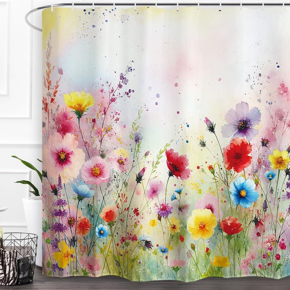 Baccessor Spring Summer Floral Shower Curtain Colorful Romantic Watercolor Wildflower Shower Curtain Polyester Fabric Bathroom Bath Home Decor Waterproof Weighted with Hooks 72 W x72 H Inch