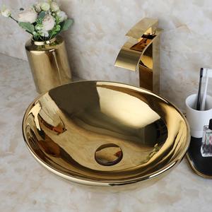 Oval Gold Vessel Sink with Faucet and Pop-Up Drain 17"x14" Bathroom Ceramic Basin Above Counter Bowl Sinks Thickened Compact Boat Shape Sinks for Small Bathrooms Vanities and Apartment Top