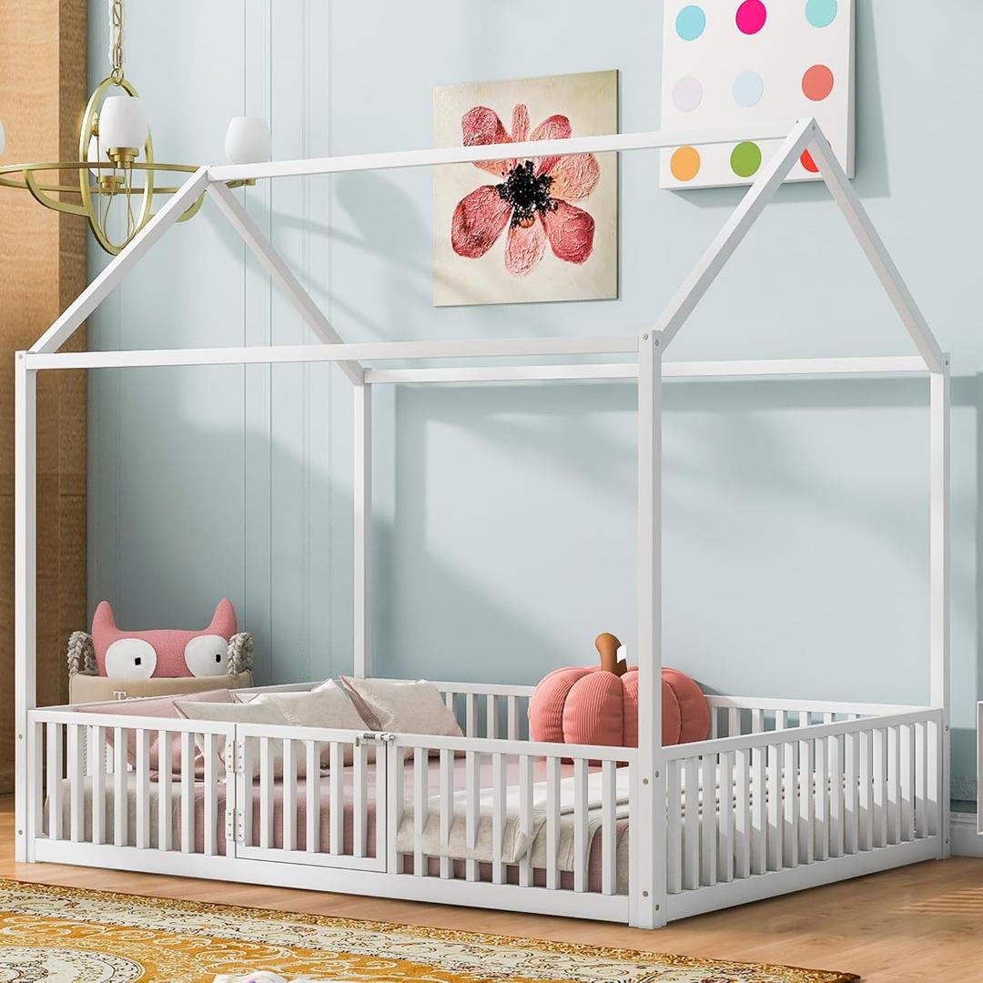 Bellemave Full Montessori Floor Bed with Door, Metal House BedFrame with Door, House Floor Bed for Kids, White