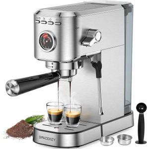 Spacekey Espresso Machine 20 Bar, Professional 1350W Espresso Maker with Milk Frother, Compact Stainless Steel Cappuccino & Latte & Americano Maker with 39oz Removable Water Tank, Silver