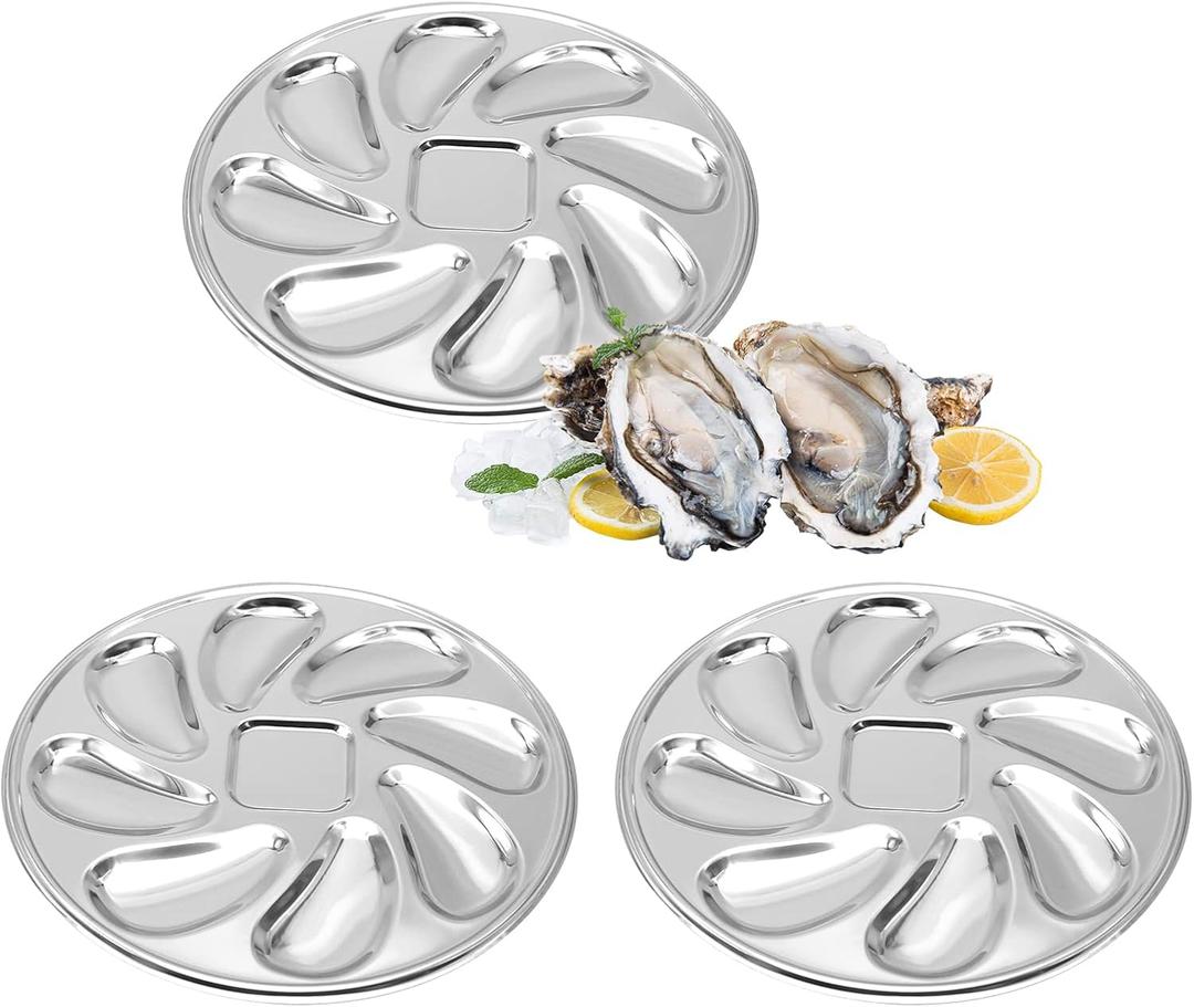 UOIENRT 3 Pack Oyster Plate, Stainless Steel 8 Slots Oyster Grill Pan with Center Slot Multi-Functional Grill Pan for Oysters and Scallop, Sauce and Lemon(Silver)