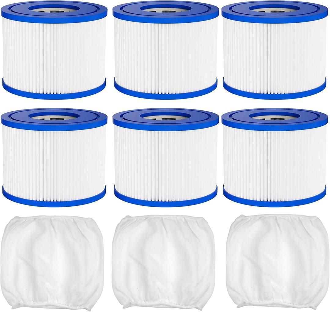 Hot Tub Spa Filter Cartridge Type VI Replacement-with Life-Extend Pre-Filter For Bestway, Coleman Saluspa 90352E 58323E, Intex & More Inflatable Hot Tub Filters (6 filters, 3 Pre-filter Sleeve)