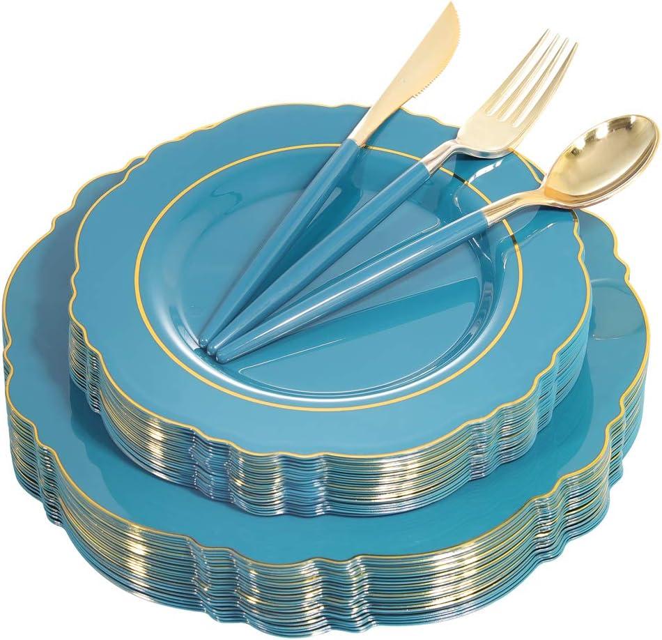 Nervure 100PCS Teal Plastic Plates With Gold Rim & Gold Disposable Silverware with Teal Handle Include 40 Plates, 60 Plastic Sivlerware for Party & Wedding