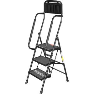 Valeo 3 Step Ladder with Handrails,500 Lbs Capacity,Folding Step Stool Ladder with Attachable Tool Bag,Lightweight & Storage Step Ladder 3 Step Folding,Multi-use for Home,Kitchen,Office,Black