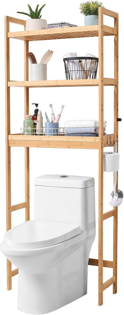 VEVOR Over The Toilet Storage, 3-Tier Adjustable Over Toilet Bathroom Organizer, Bamboo Storage Shelf Rack with 3 Hooks, Freestanding Easy Assembly Laundry Space Saver, Fit Most Toilets