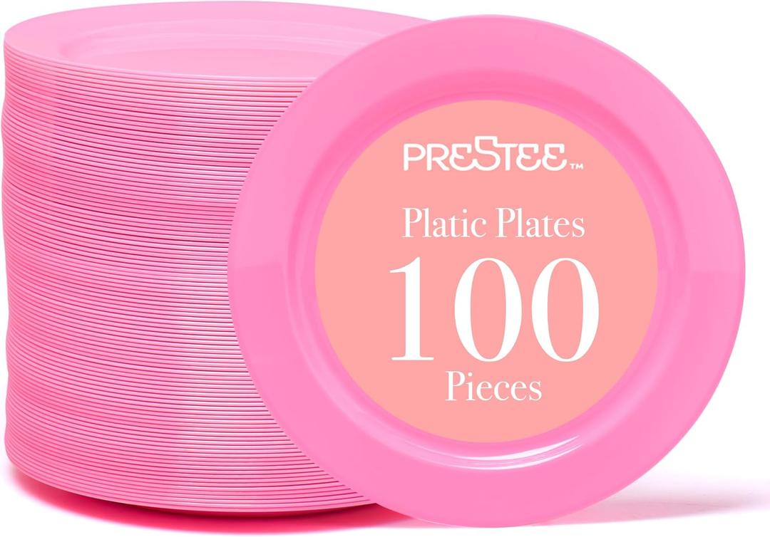 Prestee Pink Plastic Plates 6.25" 100 Pack Disposable Party Plates for Wedding, Events, Parties Elegant Pink Plastic Plates for Party, Fancy Disposable Dinnerware for Desserts, Salad