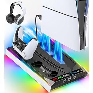 PS5/Slim/Pro Stand for Disc & Digital Console, PS5 Cooling & Charging Station with RGB Lights, PS5 Controller Charger Built-in 3 Level & AUTO Adjustable Fan, PS5/Slim/Pro Accessories Comes 3 USB Ports (Black & White)