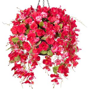 HyeFlora Artificial Fake Hanging Hibiscus Flower Baskets for Outdoor Decoration, Faux Silk Hibiscus Long Vines in Planter UV Resistant Realistic Flowers for Outside Porch Patio Home Decor, RedPink