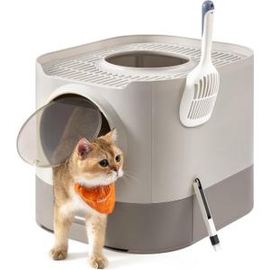 Feandrea Cat Litter Box with Lid, XL Enclosed Litter Box with Slide-Out Tray, Scoop, Brush, Anti-Tracking, for Cats of Different Sizes, Oatmeal and Warm Gray UPPT002G01 (21.3"L x 16.9"W x 15.7"H)