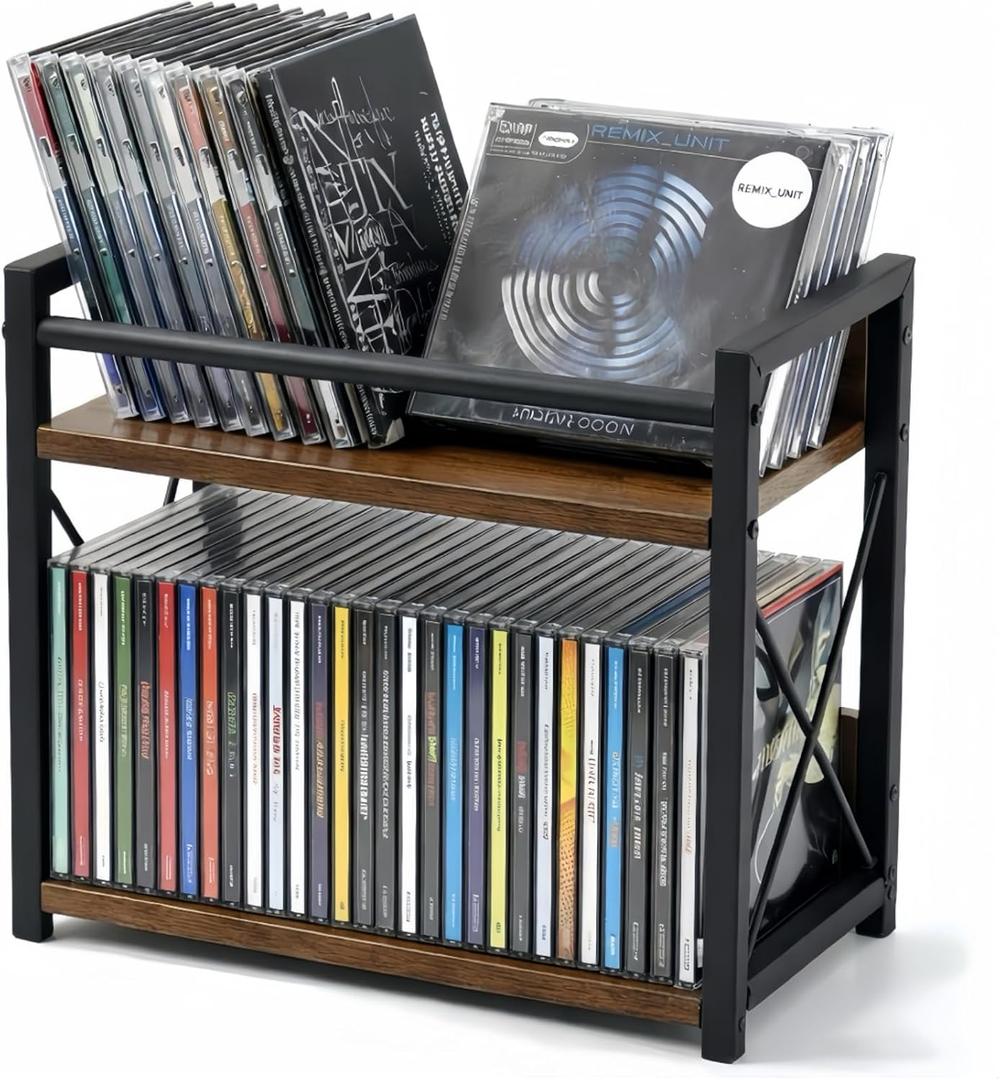 CroBlissful 2-tier CD Holder CD Storage Rack for Display Countertop Media Organizer with Display Top Shelf for Home Office Living Room Kitchen, Music Enthusiasts, Holds up to 57 Standard Cases