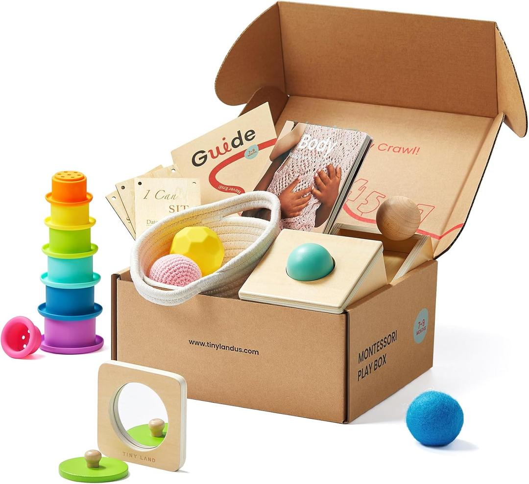 Tiny Land Montessori Toy Set for Babies 7-9 Months Senser Play Kit - 5-in-1 Wooden Learning Toys with Object Permanence Box, Sensory Ball, Stacking Cups and Mirror Puzzle, Body Board Book