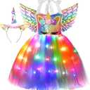 Cuteshower Unicorn Tutu Costume for Girls Halloween LED Light Unicorn Dress Birthday Party Outfit Princess Dress with Wings, 5-6 Years 