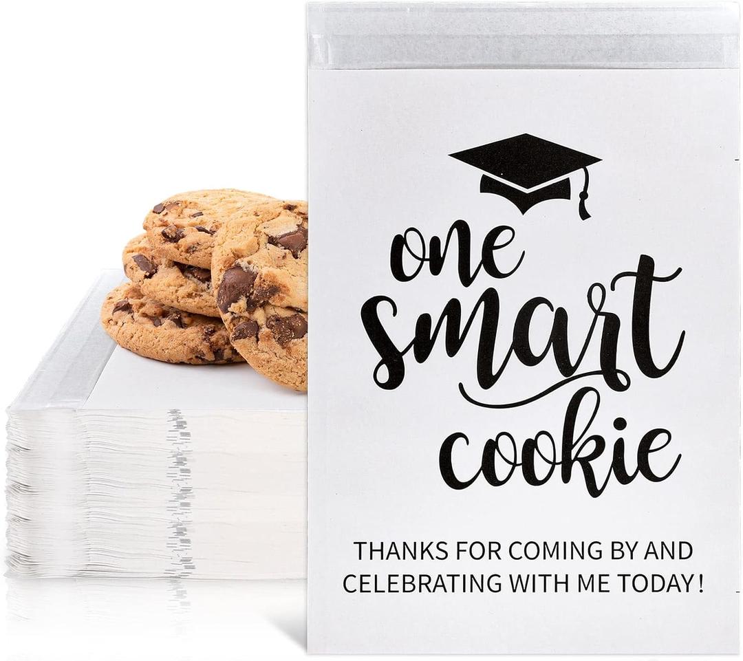 Whaline 100 Pack Graduation Candy Cookie Gift Bags One Smart Cookie Self-Adhesive Buffet Treat Bag Congrats Grad White Kraft Paper Treat Gift Bags for Graduation Party Decoration Supplies