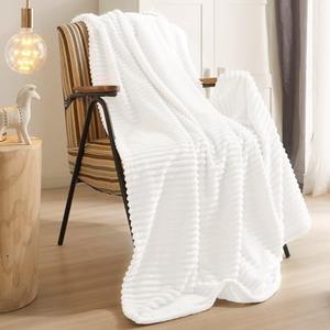 Geniospin Throw Blanket for Couch, Bed, Sofa – 280GSM Super Soft Lightweight Blanket with Strip, 3D Ribbed Jacquard Blanket, Plush Fuzzy Cozy Throws, Warm and Breathable (White, 60x80 inches)