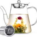 Glass Teapot, 1200ml (40oz) Tea Pot with Infuser for Loose Tea and Blooming Tea, Stovetop Safe Tea Kettle, Hand Crafted Borosilicate Glass Tea Maker with Scale Line, Tea Gift Set for Tea Lovers
