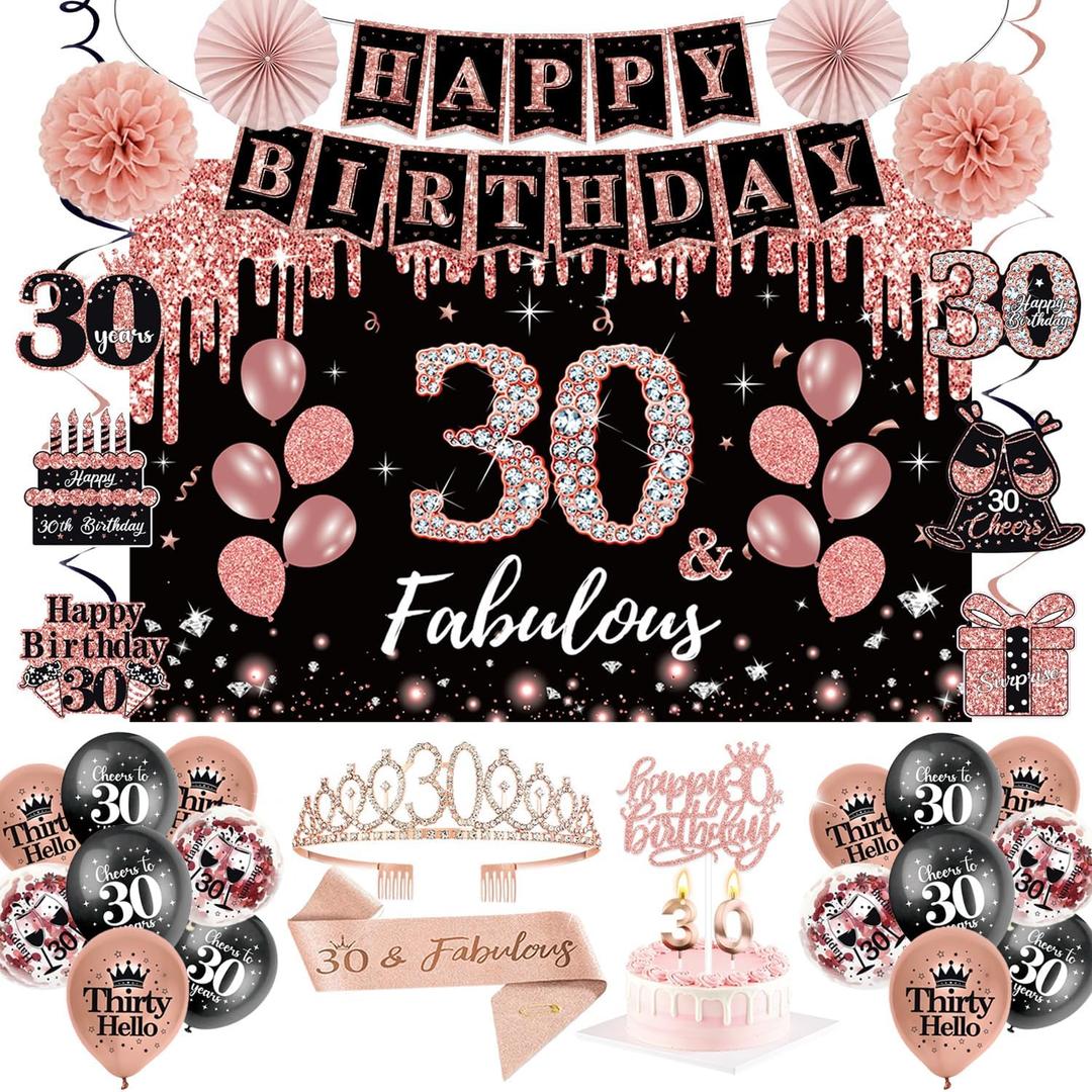 30th Birthday Decorations for Girls,51Pcs PRE-STRUNG Rose Gold Black Party Set-30 Years Old Crown and Sash,Banner Backdrop Balloons Candle Hanging Swirls Paper Fans,PRE-ASSEMBLED