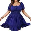 SCOMCHIC Womens Plus Size Mini Dress Square Neck Puff Short Sleeve Casual Summer A Line Boho Cute Spring Short Dresses Royal Blue (Blue, XXXL)