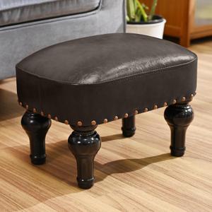 Leather Ottoman Footrest, Rustic Foot Stools Seat, Wood Footstool Rectangle Footrest Small Ottoman for Bedroom, Living Room, Office, Entrance Hall (DEEP Brown)