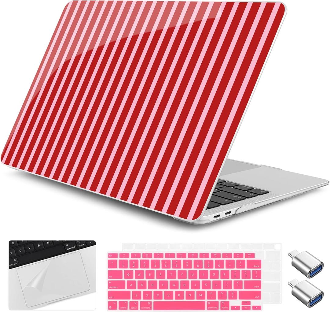 for M1 MacBook Air 13 inch Case 2021 2020 2019 2018 Model A2337/A2179/A1932, Laptop Hard Shell Case with Keyboard Cover & Trackpad Protector & 2 OTG Adapters, Strawberry Jam